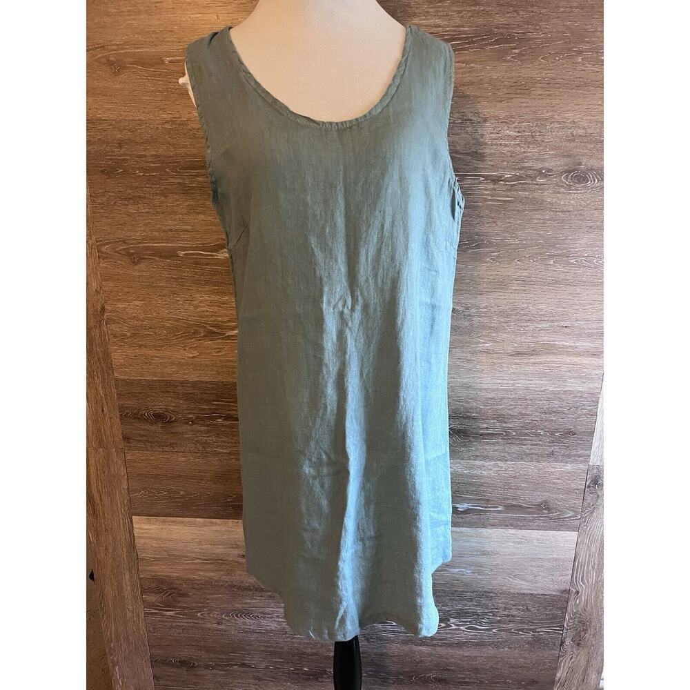 Stella Martini L Linen Dress Lagenlook Made in Italy Green Sleeveless A-Line